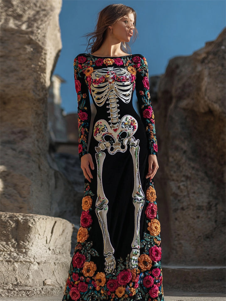 Day Of The Dead Sugar Skeleton Floral Embroidered Velvet Maxi Dress