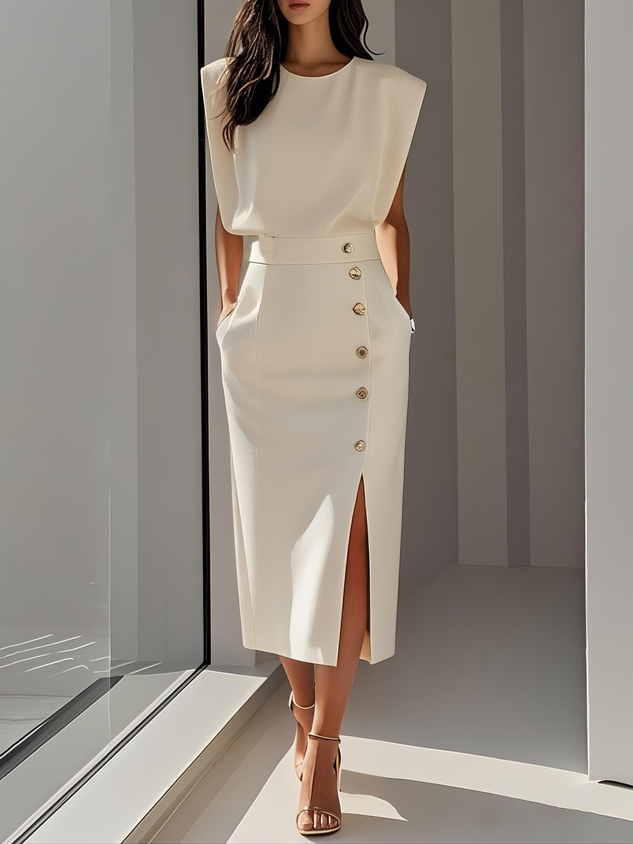 Malene™ | Solid Midi Dress with Button Slit and Round Neckline