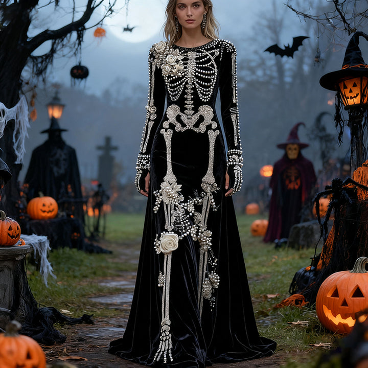 Women's Halloween Skull Floral Velvet Crew Neck Maxi Dress