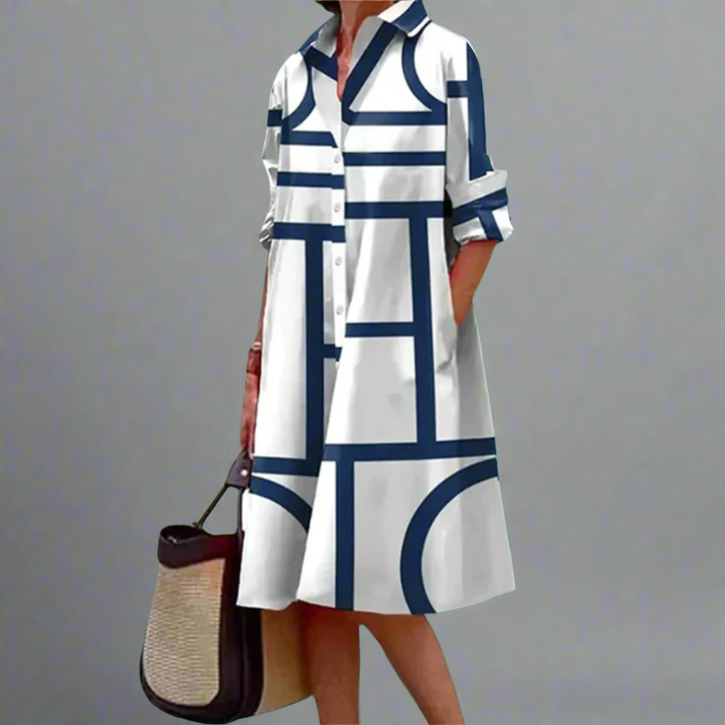 Cosima | Stylish Blue Geometric Stripe Midi Dress