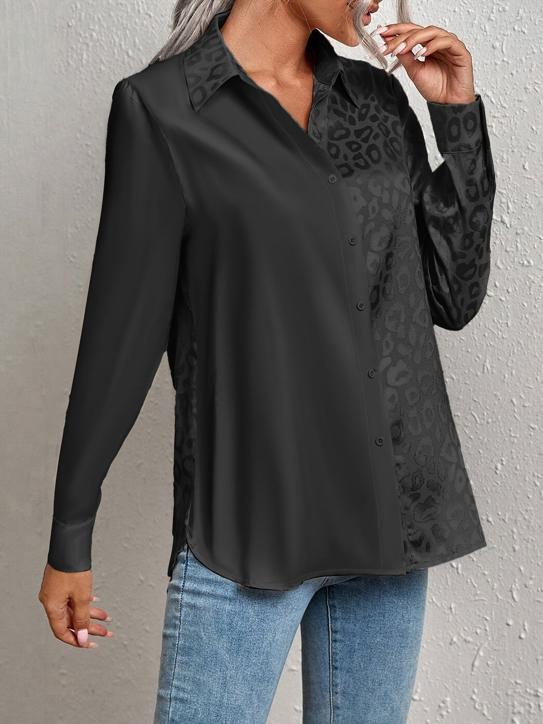 Gwendolyn - Leopard Print Jacquard Two-Tone Satin Button-Up Shirt