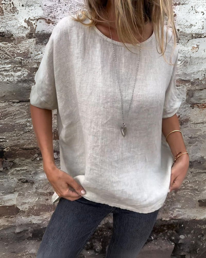 Dahlia - Casual Round Neck Cotton & Linen T-Shirt