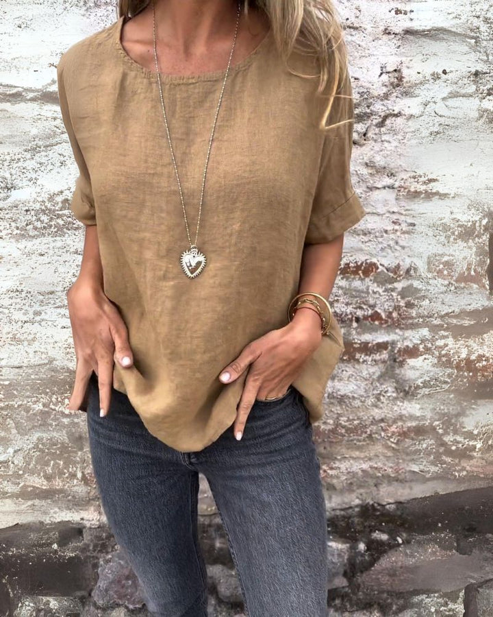 Dahlia - Casual Round Neck Cotton & Linen T-Shirt