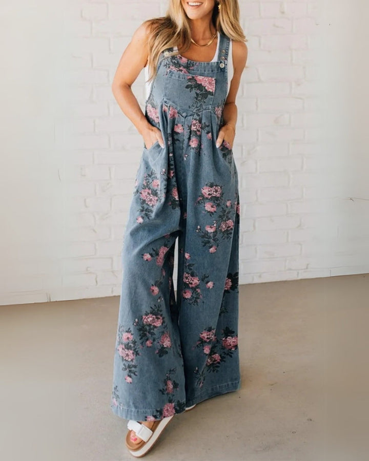 Harper - Casual Floral Printed Denim Overall