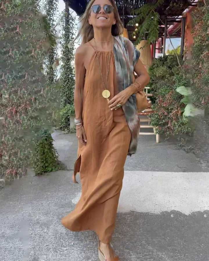Brynn - Women’s Halter Slit Cotton Linen Maxi Dress