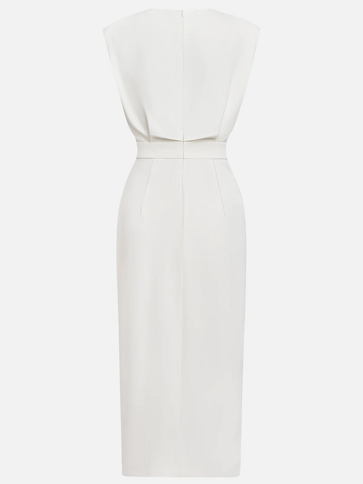 Malene™ | Solid Midi Dress with Button Slit and Round Neckline