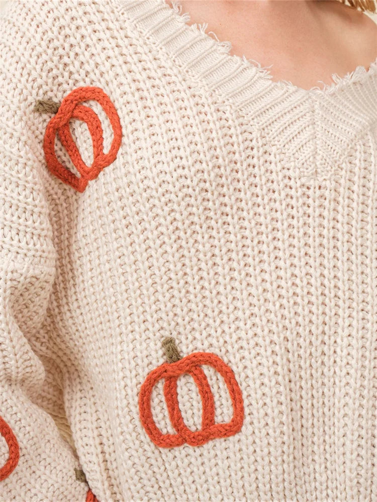 V-Neck Pumpkin Knit Sweater