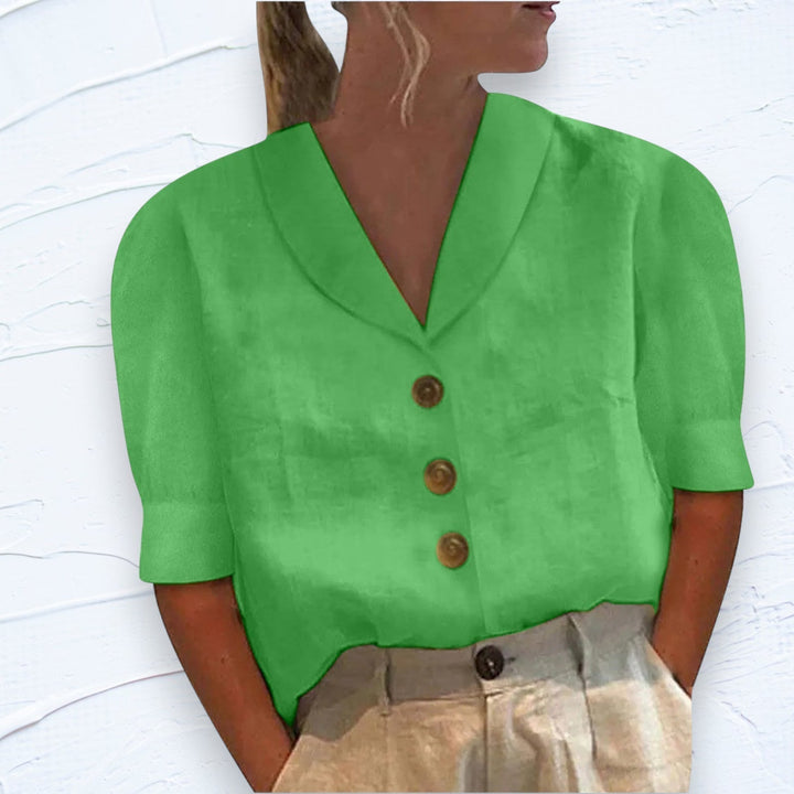 Retro-Chic Button-Up Blouse with Knotted Front