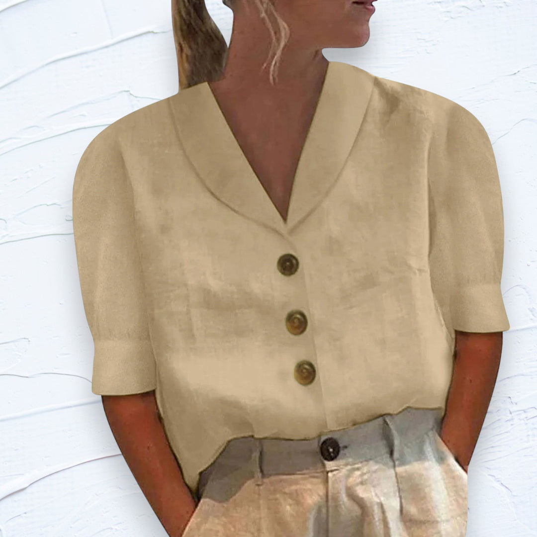 Retro-Chic Button-Up Blouse with Knotted Front