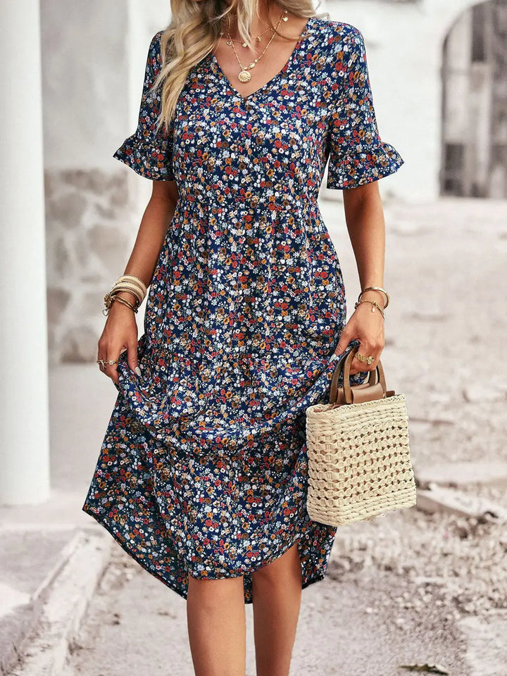 Layla™ - Elegant V Neck Printed Dress