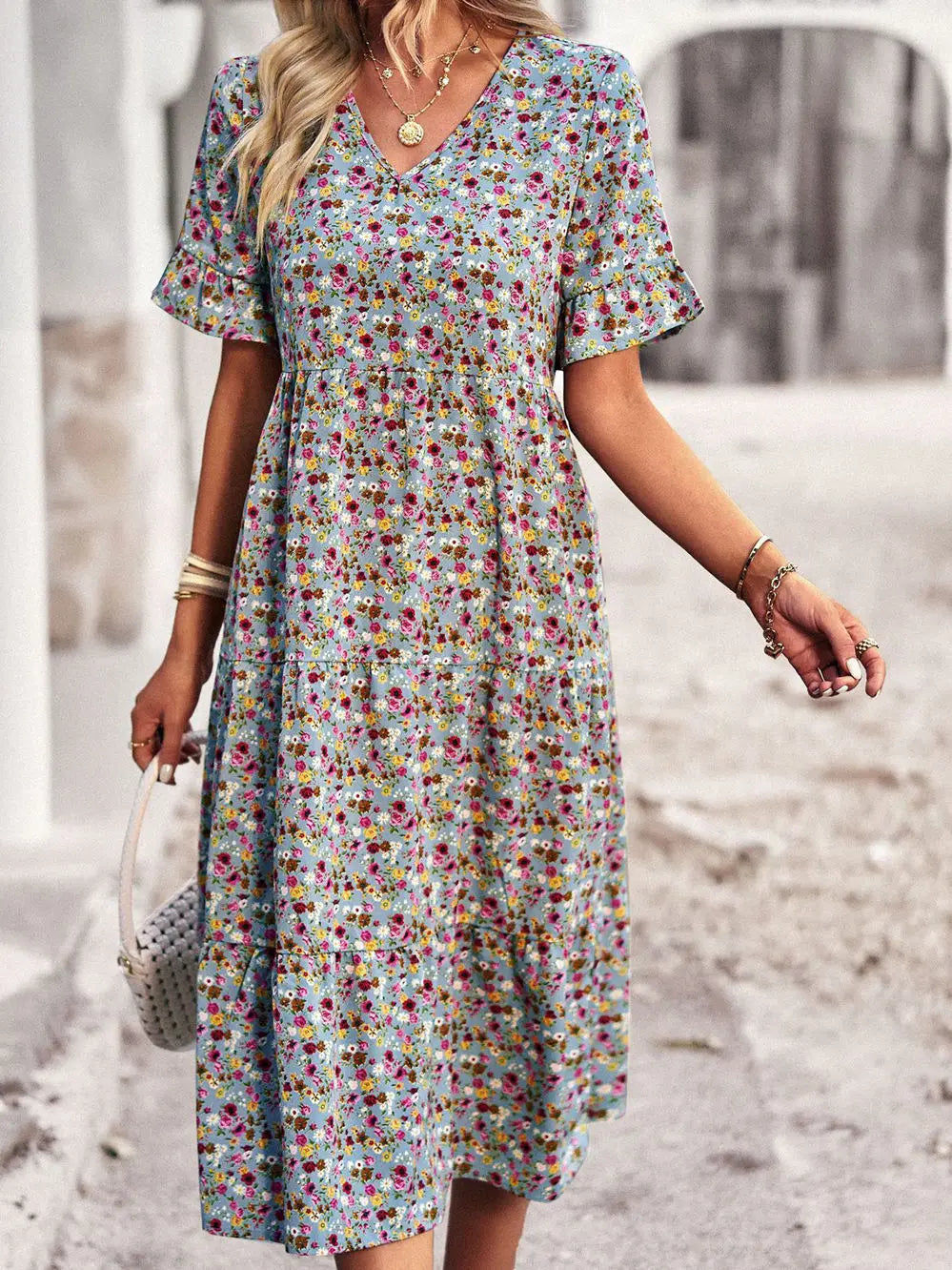 Layla™ - Elegant V Neck Printed Dress