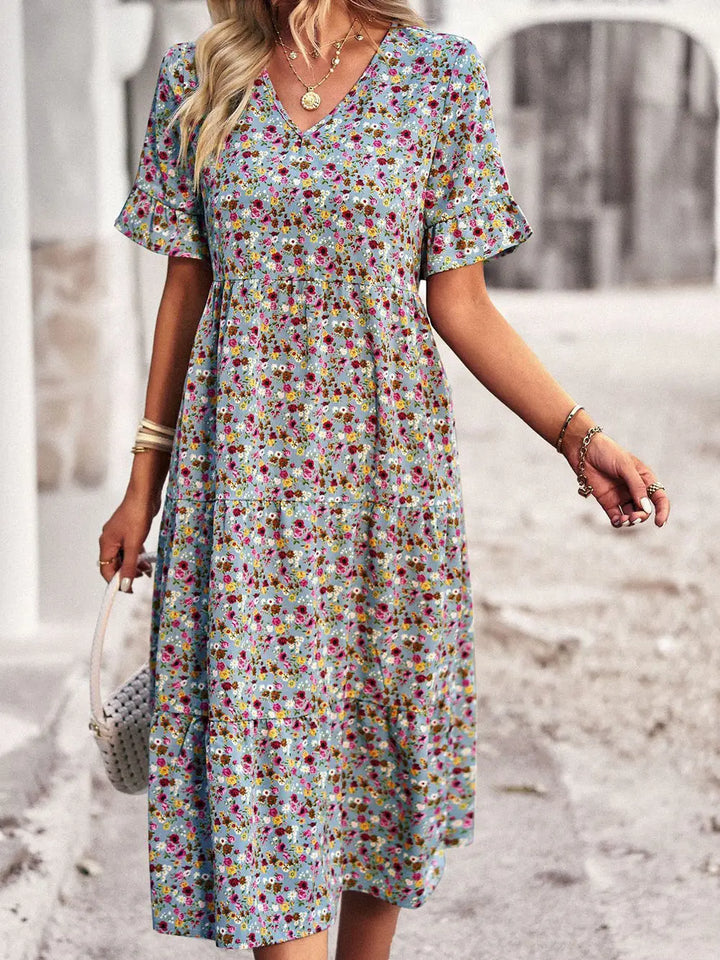 Layla™ - Elegant V Neck Printed Dress