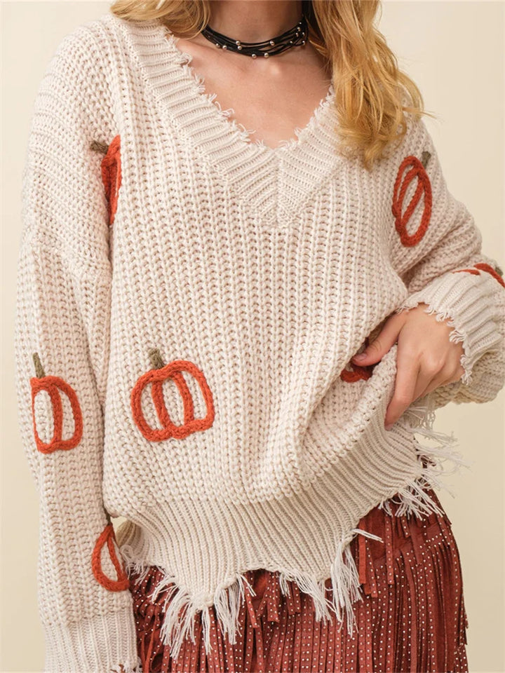 V-Neck Pumpkin Knit Sweater