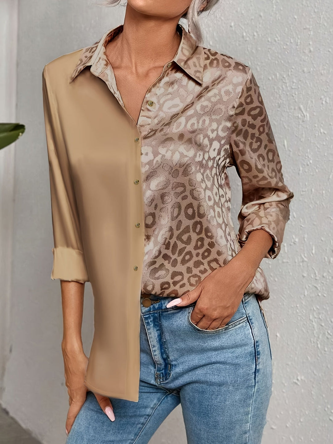 Gwendolyn - Leopard Print Jacquard Two-Tone Satin Button-Up Shirt