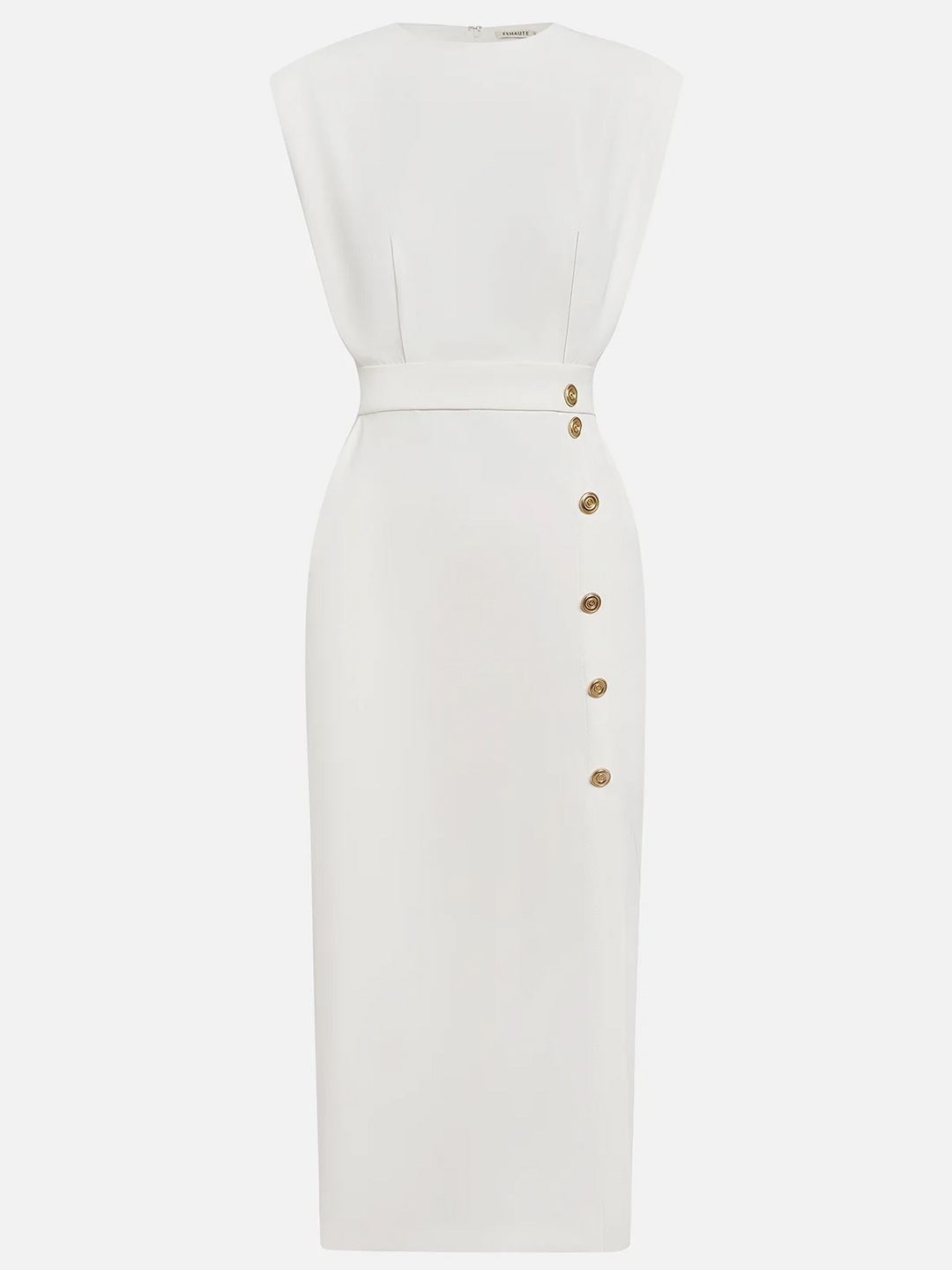 Malene™ | Solid Midi Dress with Button Slit and Round Neckline
