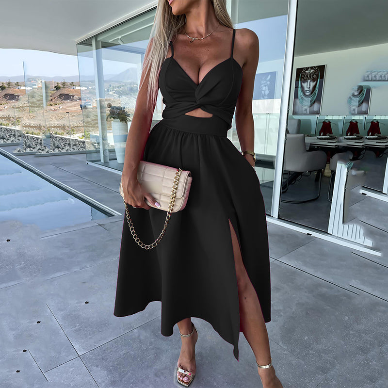 Célestine - Spaghetti Strap Midi Dress with High Slit