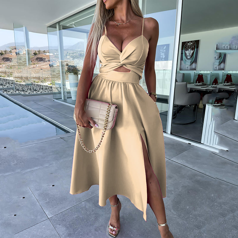 Célestine - Spaghetti Strap Midi Dress with High Slit
