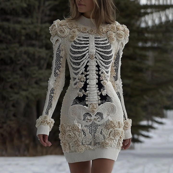 Women's Halloween Skeleton Bones With Rose Artcozy Knit Mini Sweater Dress
