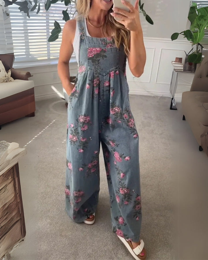Harper - Casual Floral Printed Denim Overall