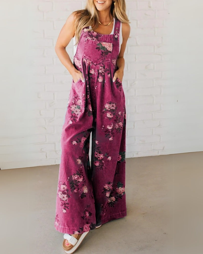 Harper - Casual Floral Printed Denim Overall