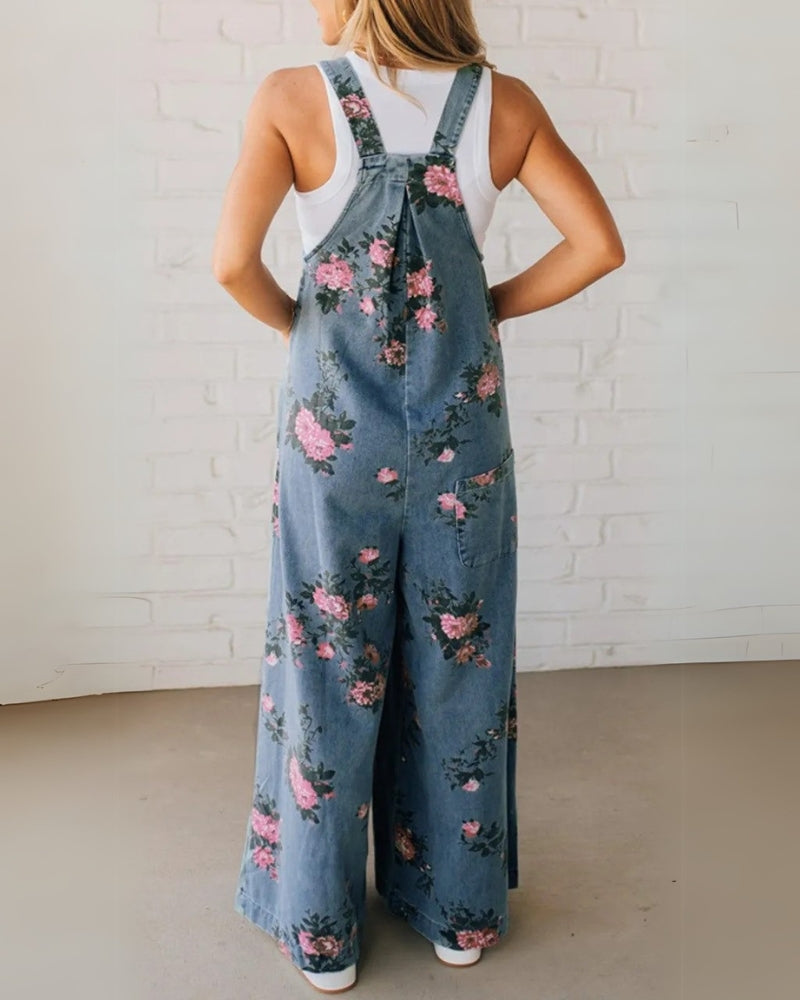 Harper - Casual Floral Printed Denim Overall