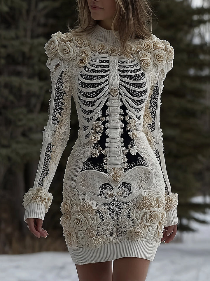 Women's Halloween Skeleton Bones With Rose Artcozy Knit Mini Sweater Dress