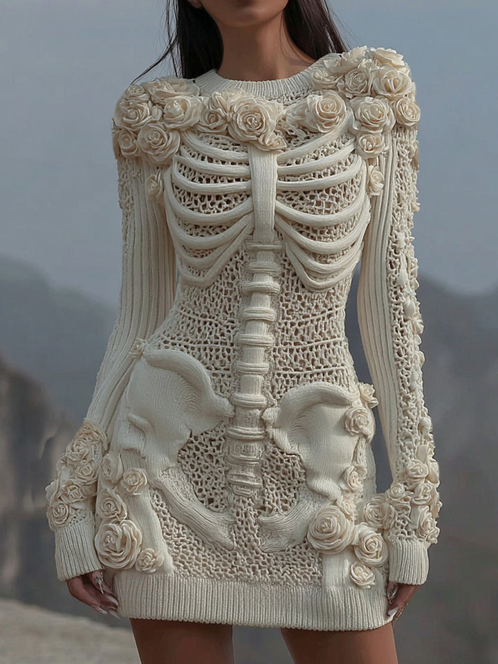 Women's Vintage White Rose Skull Cozy Knit Mini Sweater Dress