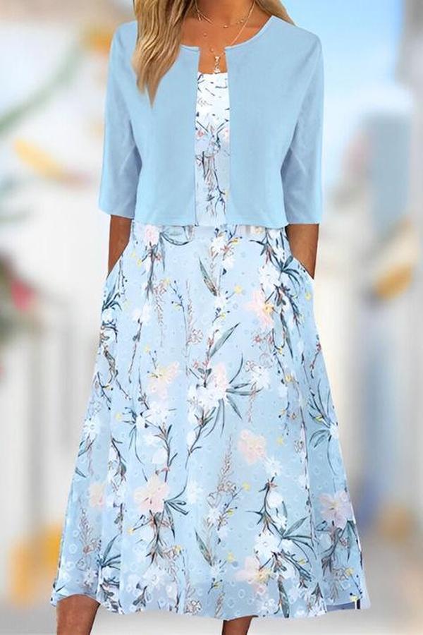 Unique Blue Plant Print Midi Dress With Jacket