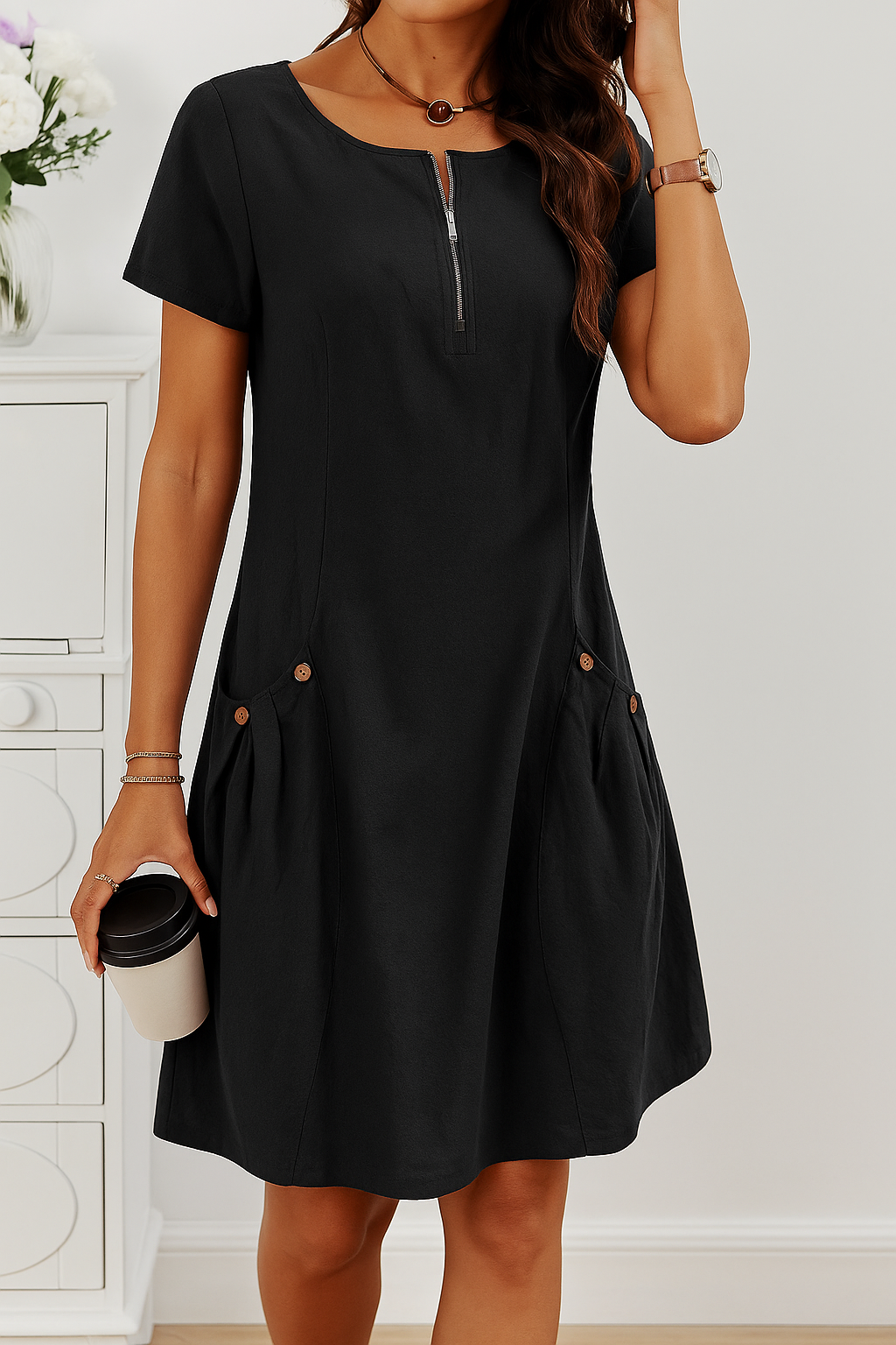 Rudina - Elegant Short Sleeve Cotton Dress With Pockets