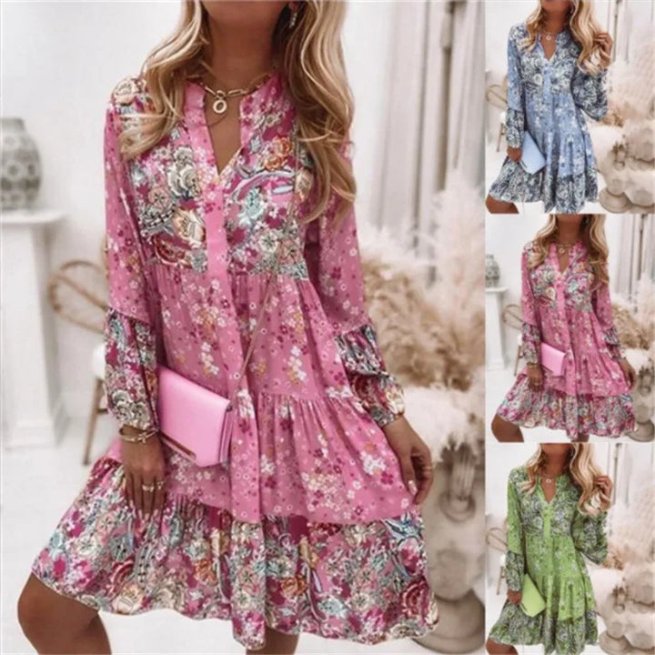 Helena- Floral V-Neck A-Line Dress