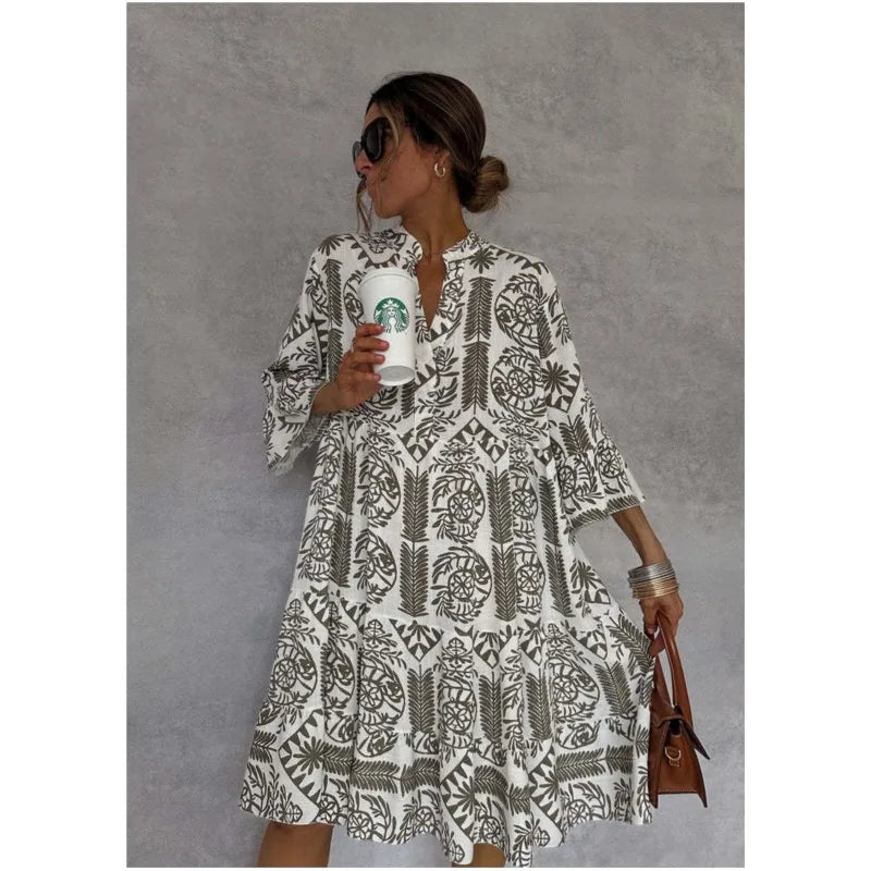 Adeline | Printed V-Neck A-Line Skirt Dress