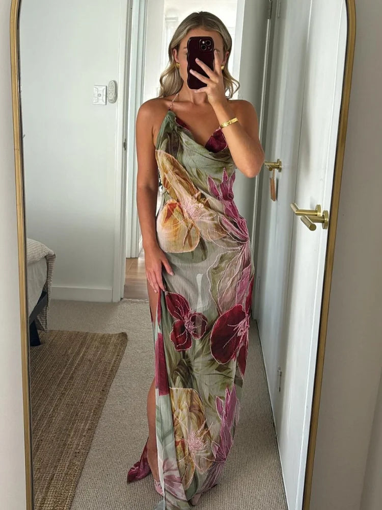 Alouette - Backless Floral Printed Side Slit Dress
