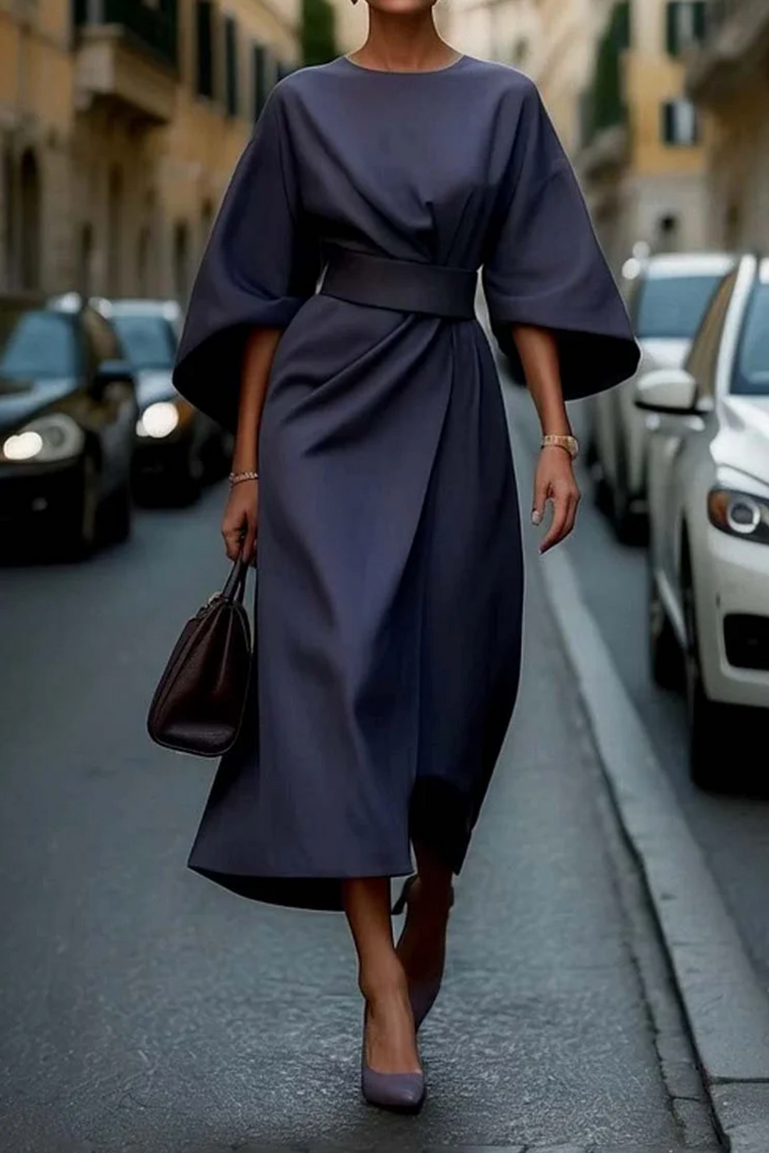 Sonia - Elegant Dress with Lantern Sleeves and Belt