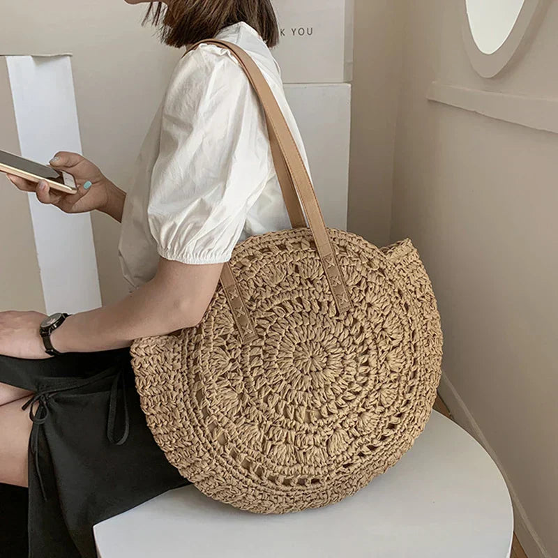 Arnora | Round Woven Handbag with Faux Leather Straps