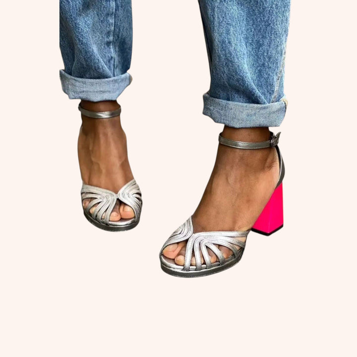 Naelle Shiny Chunky-Heel Sandals with an Elegant Buckle