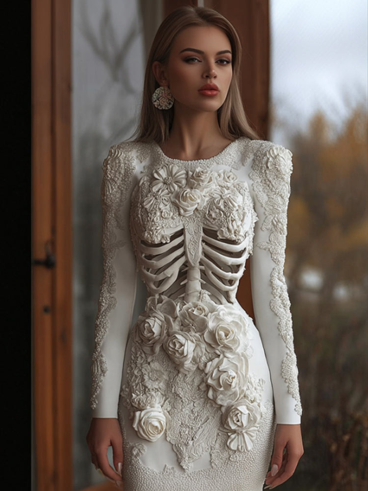 Women's Halloween Skeleton Trunk Art Flower Round Neck Long Dress