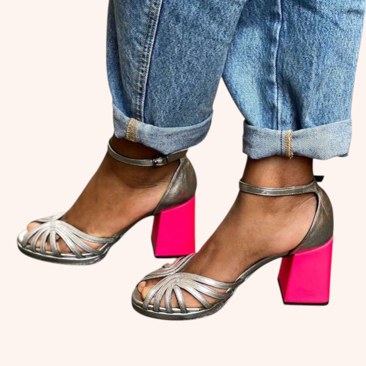 Naelle Shiny Chunky-Heel Sandals with an Elegant Buckle