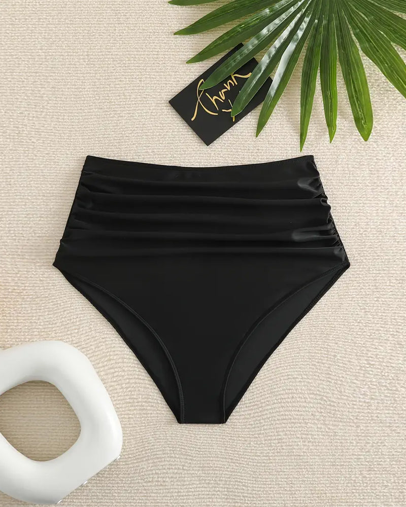 Pleated Solid Color High Waist Swimwear Bottom