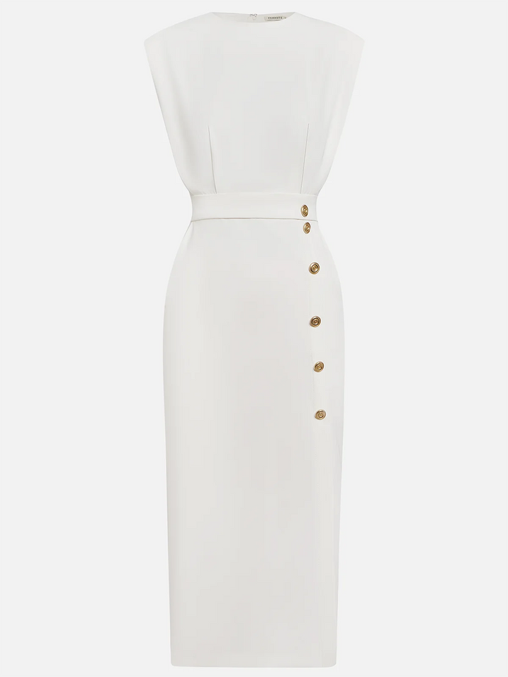 Malene™ | Solid Midi Dress with Button Slit and Round Neckline