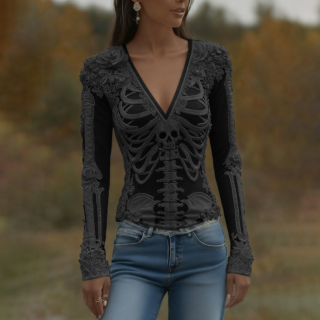 Women's Halloween Skeleton Bones With Roses And Skull Art Casual Long Sleeve V Neck T-shirt